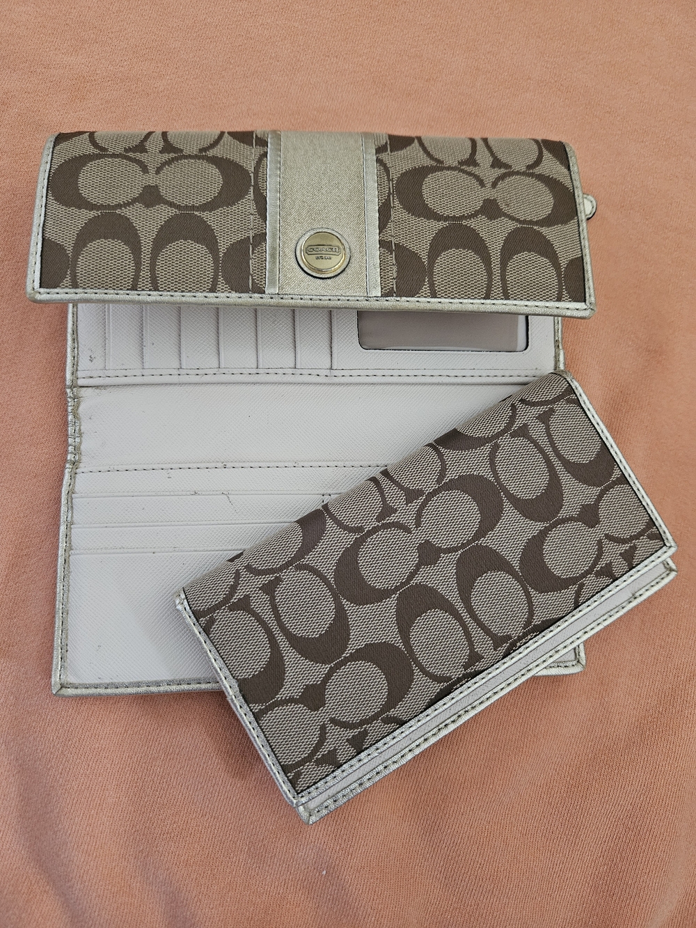 Coach Signature Monogram "C" Wallet Check Book Khaki And Gold